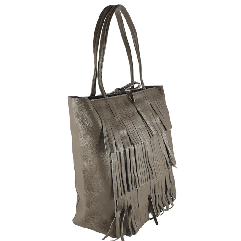 Geanta shopper din piele naturala cu franjuri Eloisa-grej
