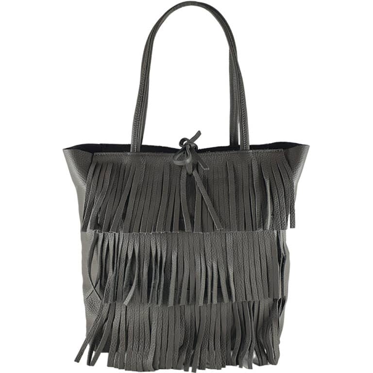 Geanta shopper din piele naturala cu franjuri Eloisa-gri