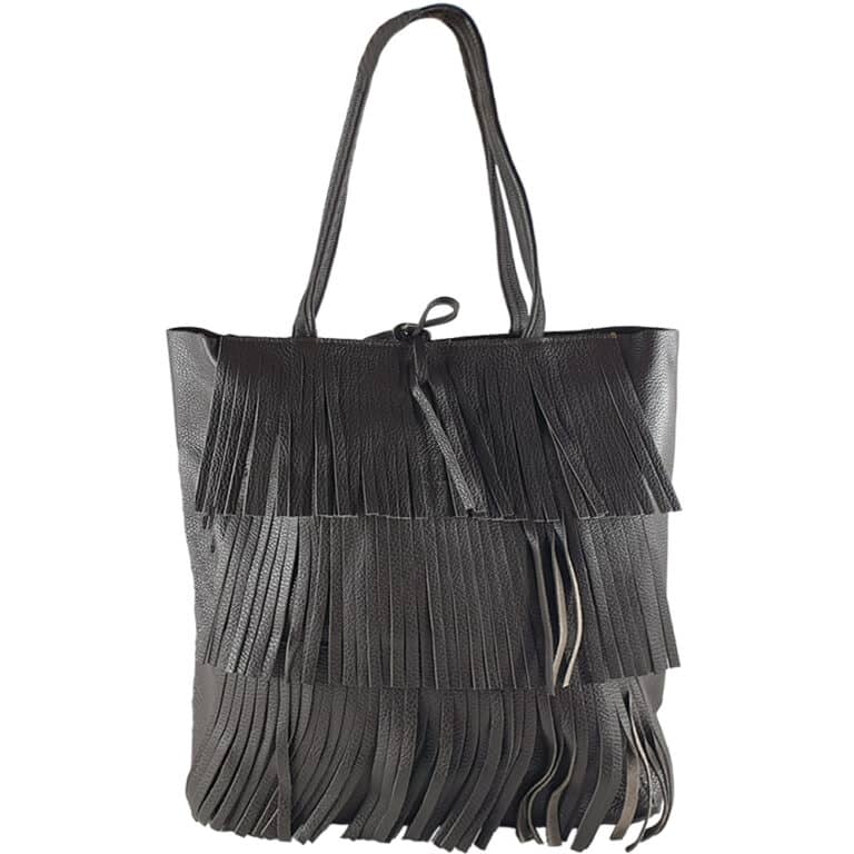 Geanta shopper din piele naturala cu franjuri Eloisa-maro închis