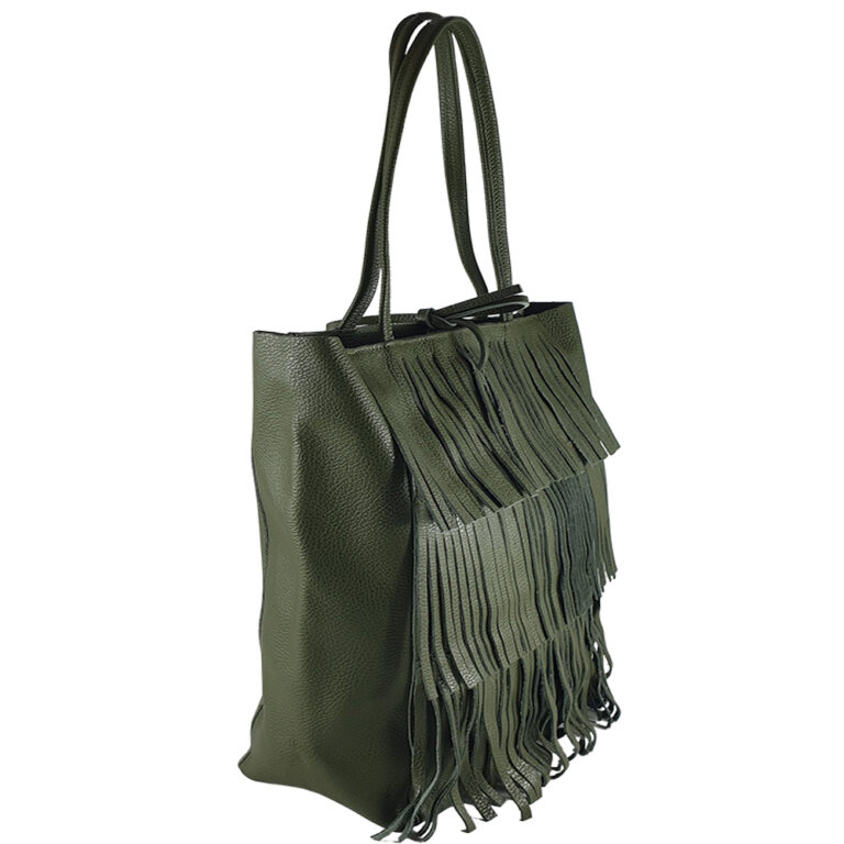 Geanta shopper din piele naturala cu franjuri Eloisa-verde 1