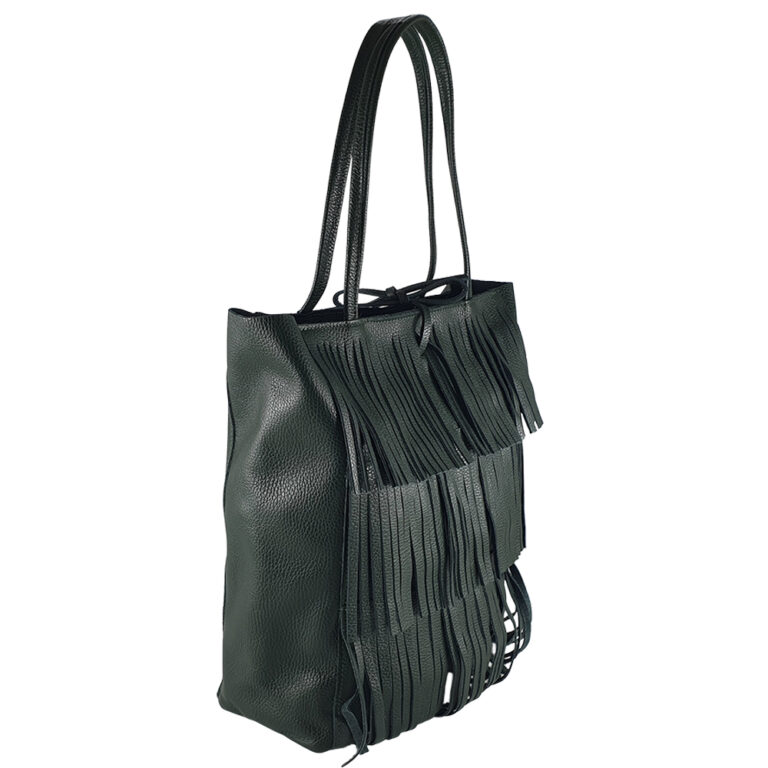 Geanta shopper din piele naturala cu franjuri Eloisa-verde petrol